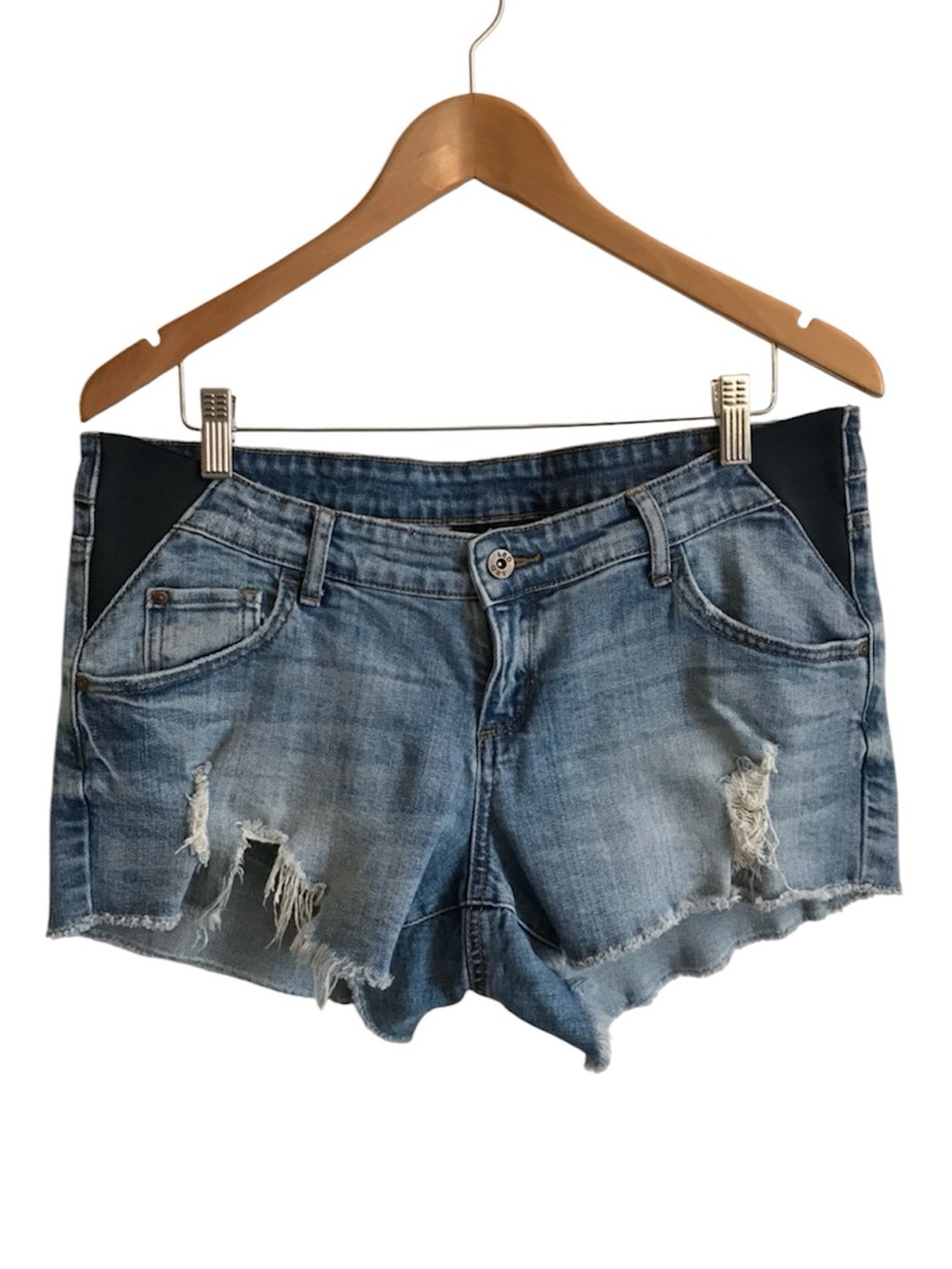 LED Women’s Maternity M Blue Distressed Denim Stretch Panel Jean Shorts in EUC